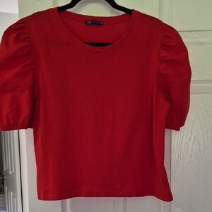 Zara Red Puff-Sleeve Crewneck Crop Cotton Large Tee